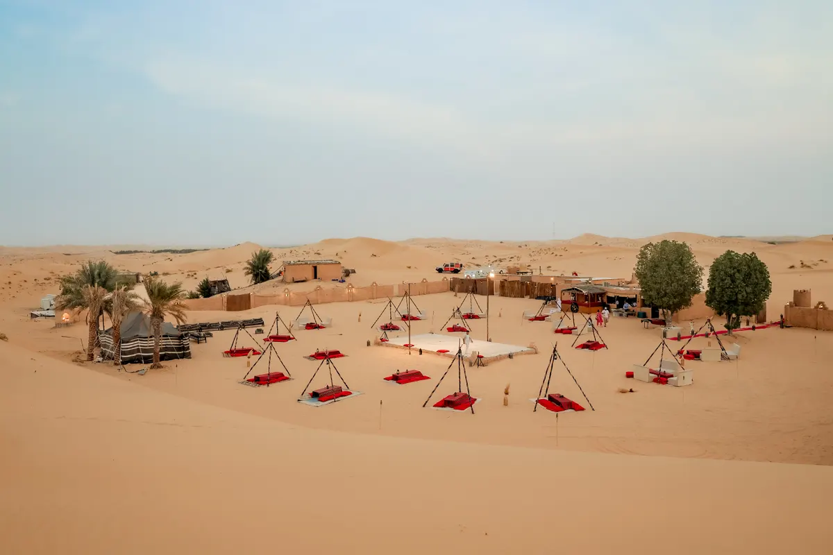 A wide view of Khayal Al Sahra desert camp in Al Khatim
